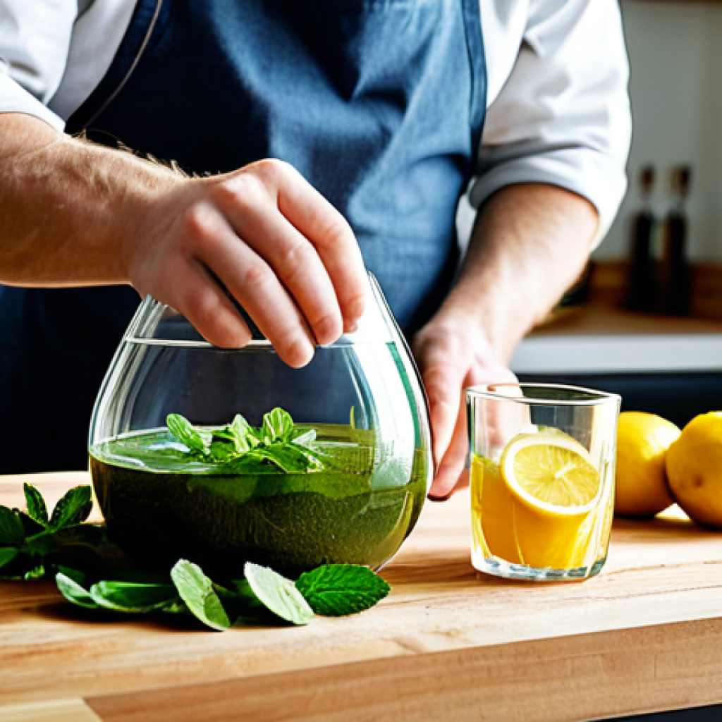 A skilled artisan, male or female, engaged in the precise act of home beverage crafting, carefully bottling a vibrant, freshly prepared non-alcoholic drink into a clean, clear glass bottle. They are wearing modest, professional attire with a light, clean apron over a simple shirt. The scene is set in a bright, well-lit home kitchen with natural light, showing fresh, whole ingredients like ginger, lemons, and mint leaves neatly arranged on a wooden counter in the background. The artisan's hands, which are well-formed with proper finger count, are central to the action, demonstrating precision and care. This image emphasizes the art of creation, cleanliness, and dedication.