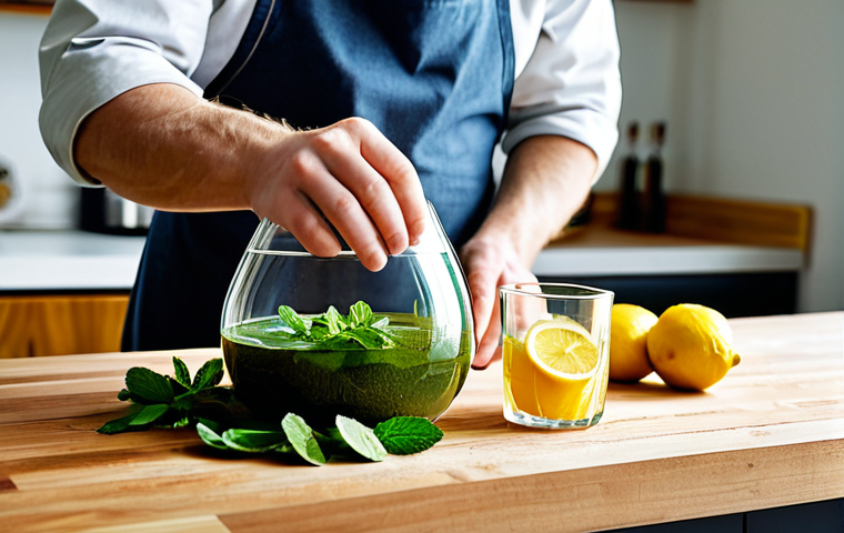 A skilled artisan, male or female, engaged in the precise act of home beverage crafting, carefully bottling a vibrant, freshly prepared non-alcoholic drink into a clean, clear glass bottle. They are wearing modest, professional attire with a light, clean apron over a simple shirt. The scene is set in a bright, well-lit home kitchen with natural light, showing fresh, whole ingredients like ginger, lemons, and mint leaves neatly arranged on a wooden counter in the background. The artisan's hands, which are well-formed with proper finger count, are central to the action, demonstrating precision and care. This image emphasizes the art of creation, cleanliness, and dedication.