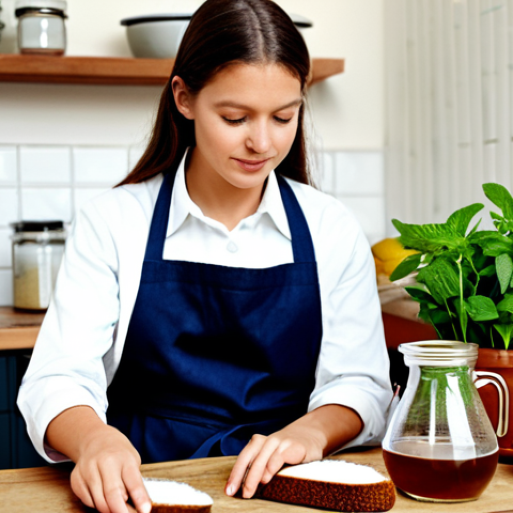 Preparing the Ingredients**

"A warmly lit kitchen scene showcasing ingredients for homemade Kvass. A person, fully clothed and wearing a modest apron, is arranging dark rye bread slices, a bowl of sugar, fresh mint leaves, and a lemon on a wooden table. A glass pitcher of filtered water is in the background. Focus on the textures of the ingredients and the inviting atmosphere. Safe for work, appropriate content, family-friendly, professional photography, perfect anatomy, natural proportions, well-formed hands, proper finger count, natural body proportions."

**