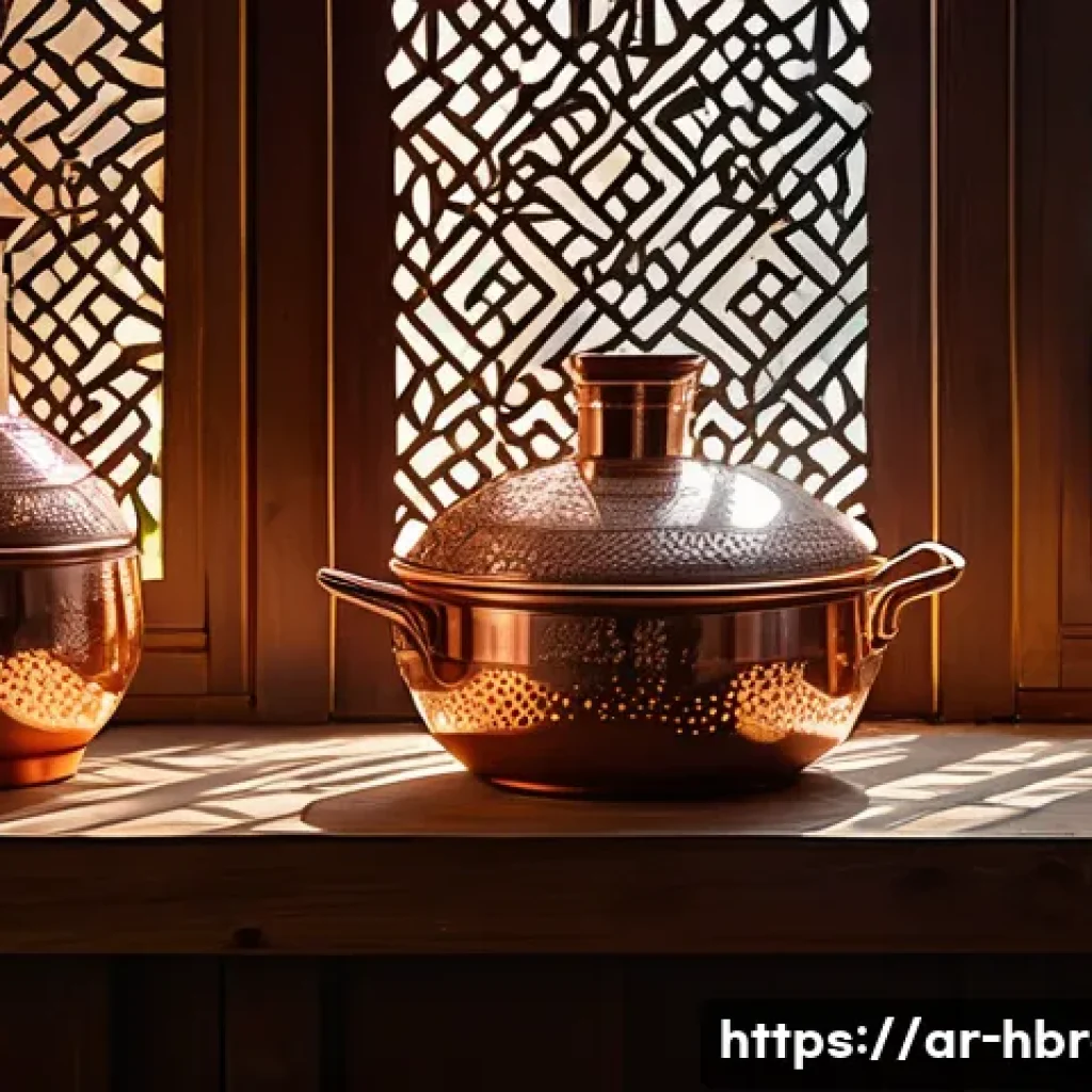 홈메이드 진 제조 과정 - A traditional Middle Eastern home distillation setup for gin making, featuring a polished copper ale...