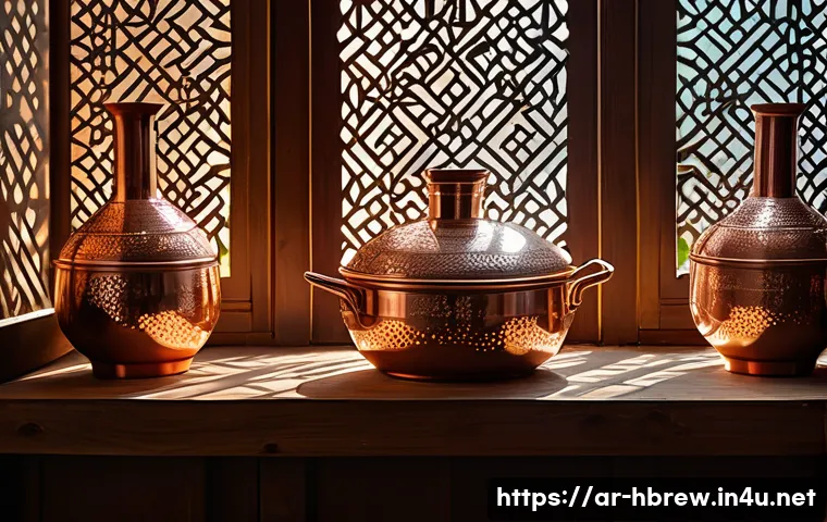 홈메이드 진 제조 과정 - A traditional Middle Eastern home distillation setup for gin making, featuring a polished copper ale...