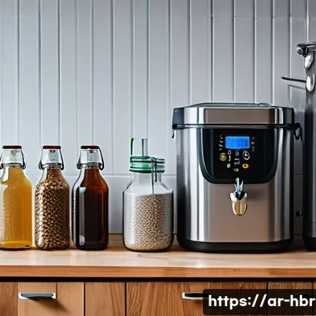 홈메이드 수제맥주 키트 추천 - A detailed home brewery setup scene in a modern Arab home kitchen, featuring a stainless steel ferme...