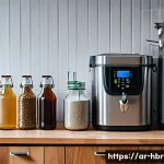 홈메이드 수제맥주 키트 추천 - A detailed home brewery setup scene in a modern Arab home kitchen, featuring a stainless steel ferme...