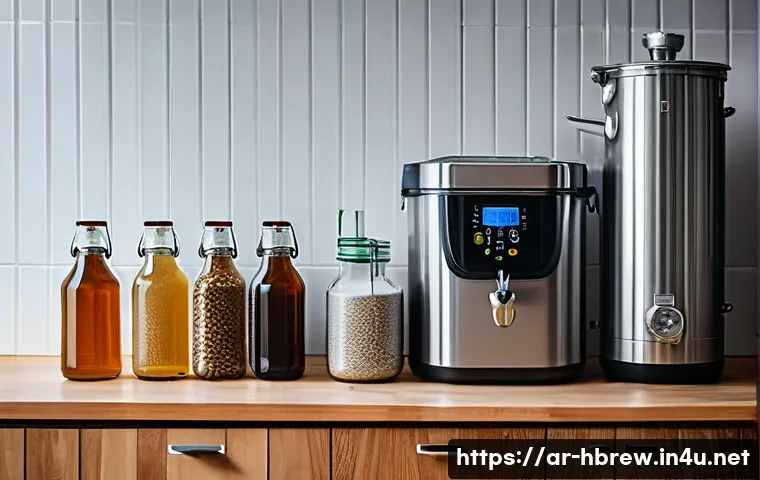 홈메이드 수제맥주 키트 추천 - A detailed home brewery setup scene in a modern Arab home kitchen, featuring a stainless steel ferme...