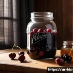홈메이드 체리 리큐어 제조 - A vibrant, sunlit Middle Eastern kitchen scene showcasing a traditional glass jar filled with dark b...