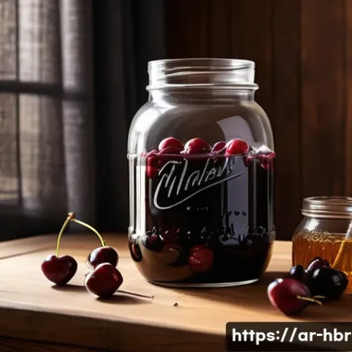 홈메이드 체리 리큐어 제조 - A vibrant, sunlit Middle Eastern kitchen scene showcasing a traditional glass jar filled with dark b...