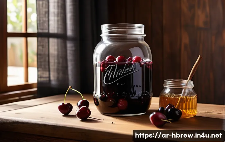 홈메이드 체리 리큐어 제조 - A vibrant, sunlit Middle Eastern kitchen scene showcasing a traditional glass jar filled with dark b...