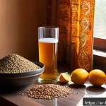 홈메이드 논알콜 맥주 만들기 - A detailed close-up scene of a traditional homebrewing setup for non-alcoholic beer in a Middle East...