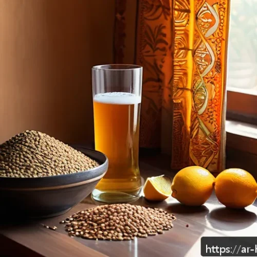 홈메이드 논알콜 맥주 만들기 - A detailed close-up scene of a traditional homebrewing setup for non-alcoholic beer in a Middle East...