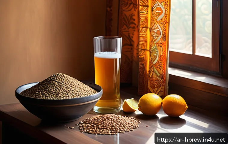 홈메이드 논알콜 맥주 만들기 - A detailed close-up scene of a traditional homebrewing setup for non-alcoholic beer in a Middle East...