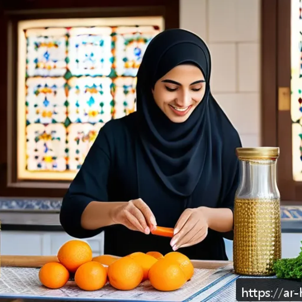 홈메이드 술 유통 기한 - A vibrant kitchen scene featuring a traditional Middle Eastern woman in modest attire preparing fres...