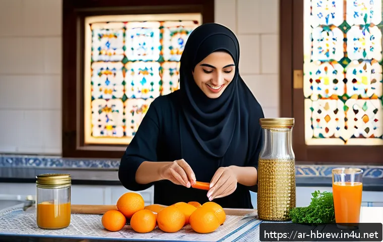 홈메이드 술 유통 기한 - A vibrant kitchen scene featuring a traditional Middle Eastern woman in modest attire preparing fres...